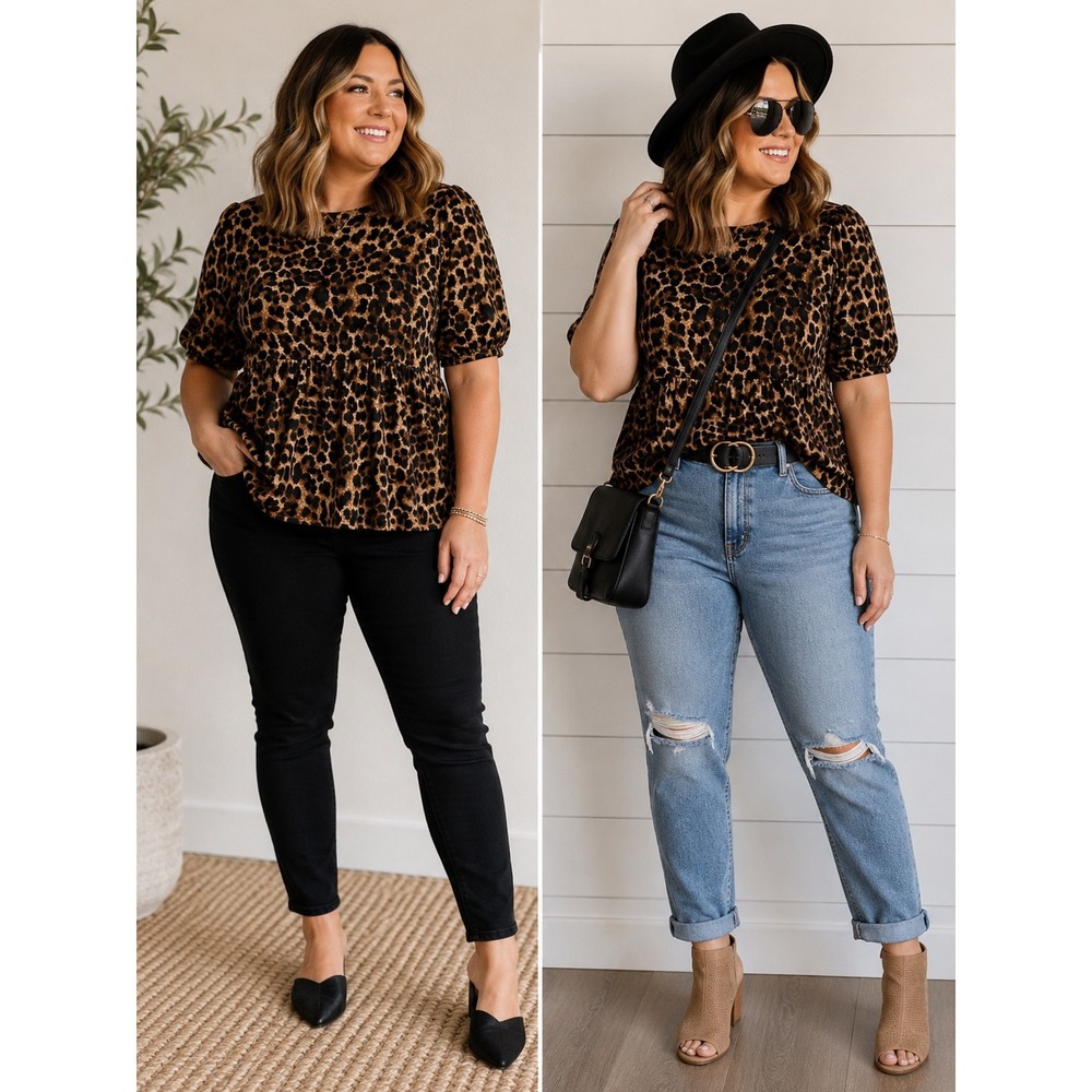 Lime n Chili Leopard Print Babydoll Top Puff Sleeve Brown Black
